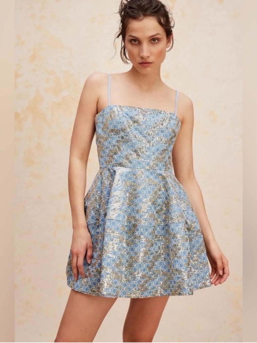 Anthropologie Light Blue and Gold Jacquard Spaghetti-Strap Mini Dress